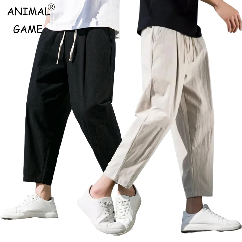 Men Linen Lightweight Sweatpants Cotton Solid Color Breathable Joggers Baggy Pants Streetwear Long Trousers