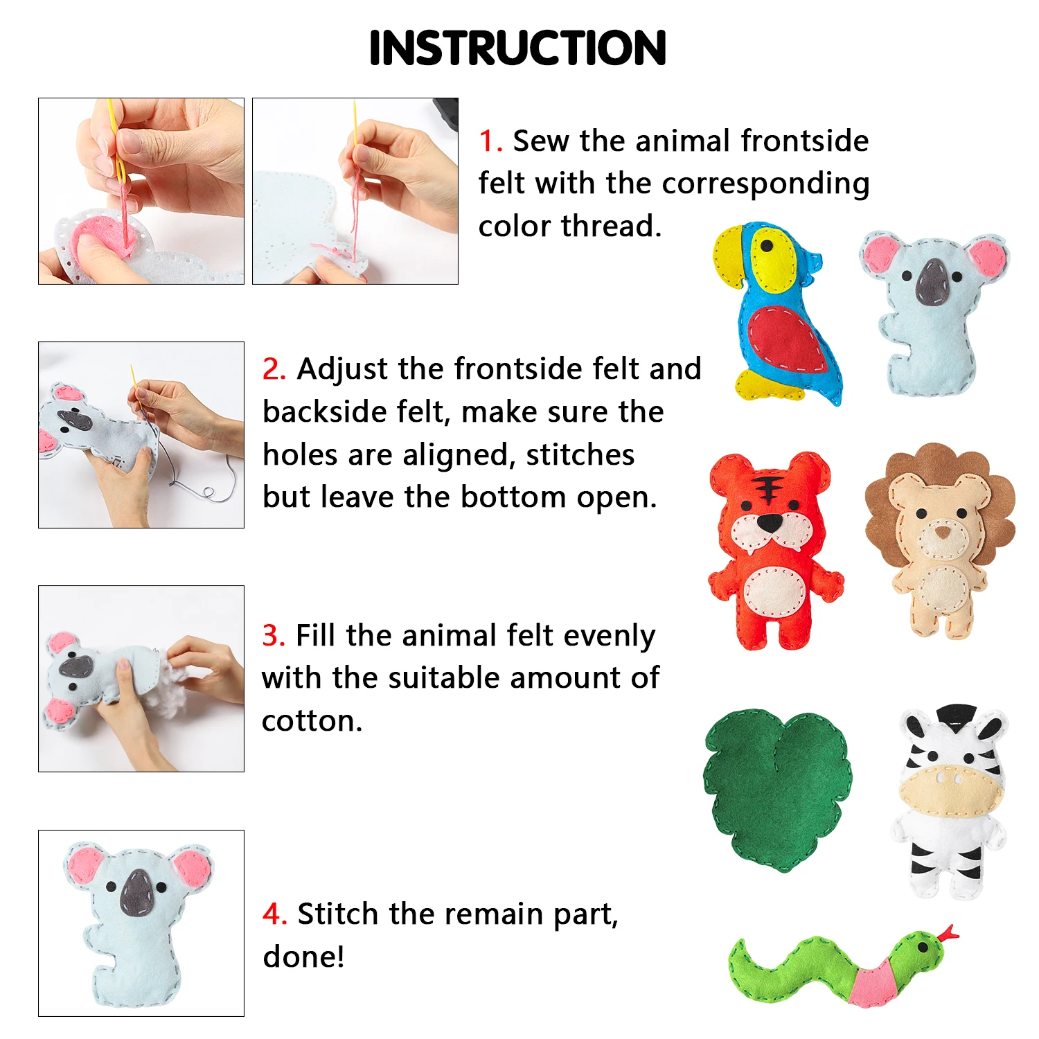 Jungle Animal DIY Sewing Kit Box Beginner Kids Lion Tiger Koala Parrot Zebra Make Your Own Animal World Preschool Storytelling