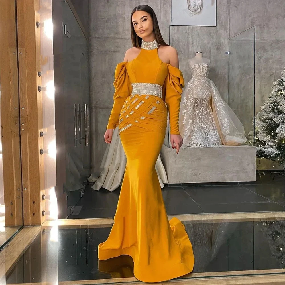 

Elegant Women's Mermaid Satin High Neck Beaded Long Sleeve Fashion Sexy Off Shoulder Luxury Party Ball Wrap Hip Evening Dress