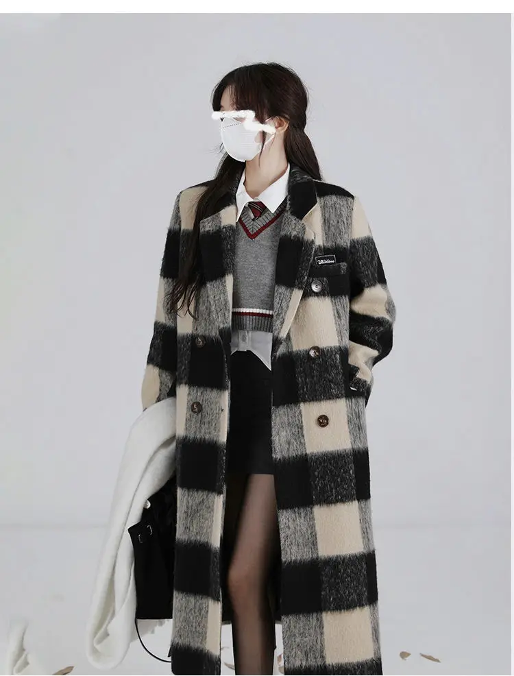 

Women Autumn Winter Classical Double Breasted Plaid Long Coat Female Casual Loose Coat Vintage Women‘s Lapel Overcoat Streetwear