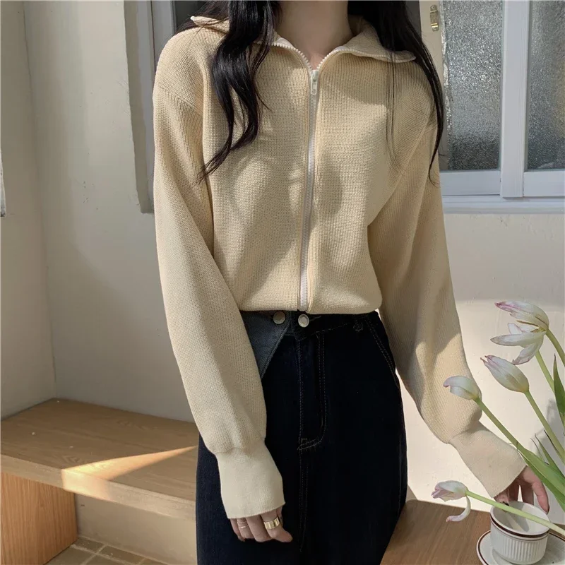

Preppy Style Casual Sweater Jackets Women Clothing Sueter Mujer Turn-down Collar Zipper Knitted Cardigan Tops Pull Femme