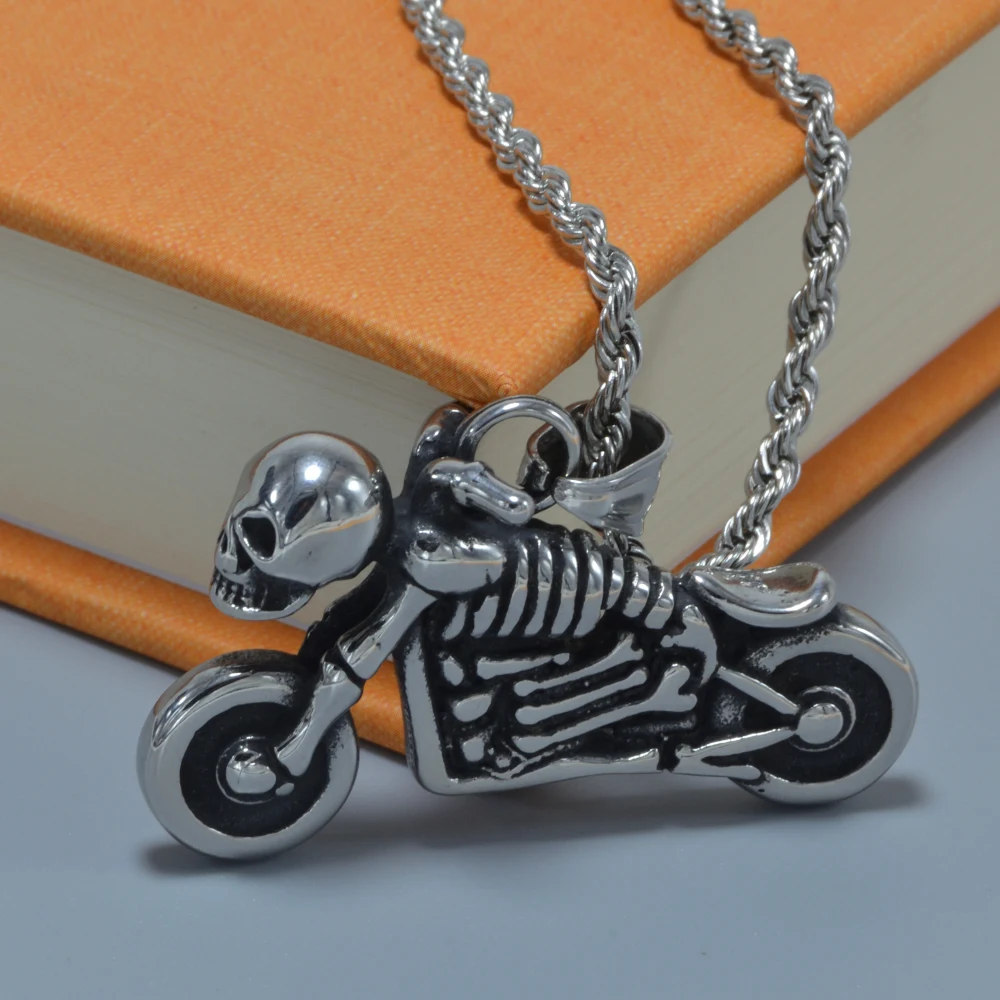 Motorcycle Skull Pendant Necklace Stainless Steel Pendant Necklace Gothic Style Jewelry Accessories  Skeleton Halloween Gift