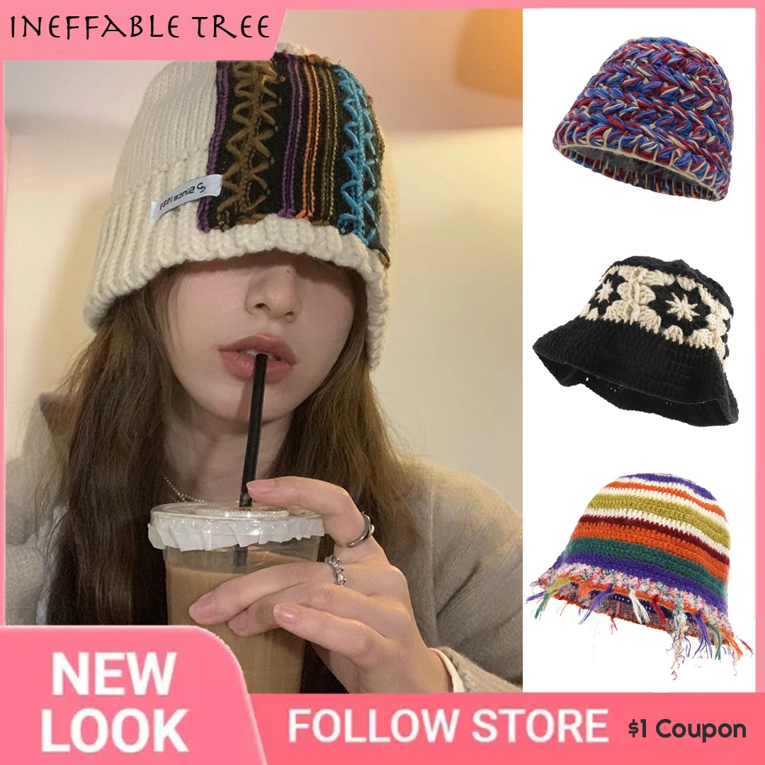 

Y2K Korean Bucket Hats Women Winter Sweet Bright Splicing Plaid Flower Knitted Caps Ear Protection Ski Hat Warm INS Beanie Gorra