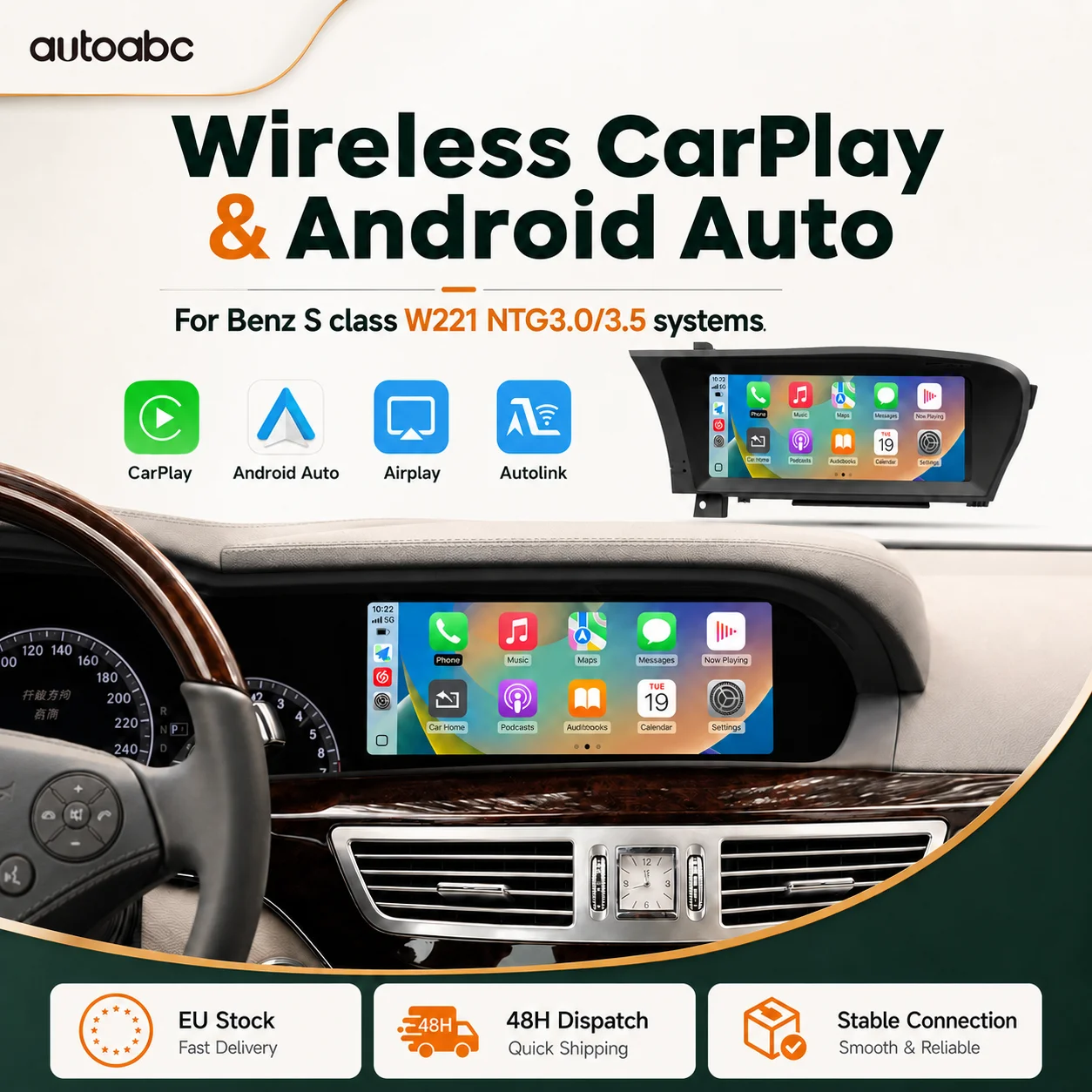 CarPlay inalámbrico y Android Auto para Mercedes Benz Clase S W221 NTG3.0/3.5 BT Pantalla táctil multimedia de 10.25 pulgadas 1