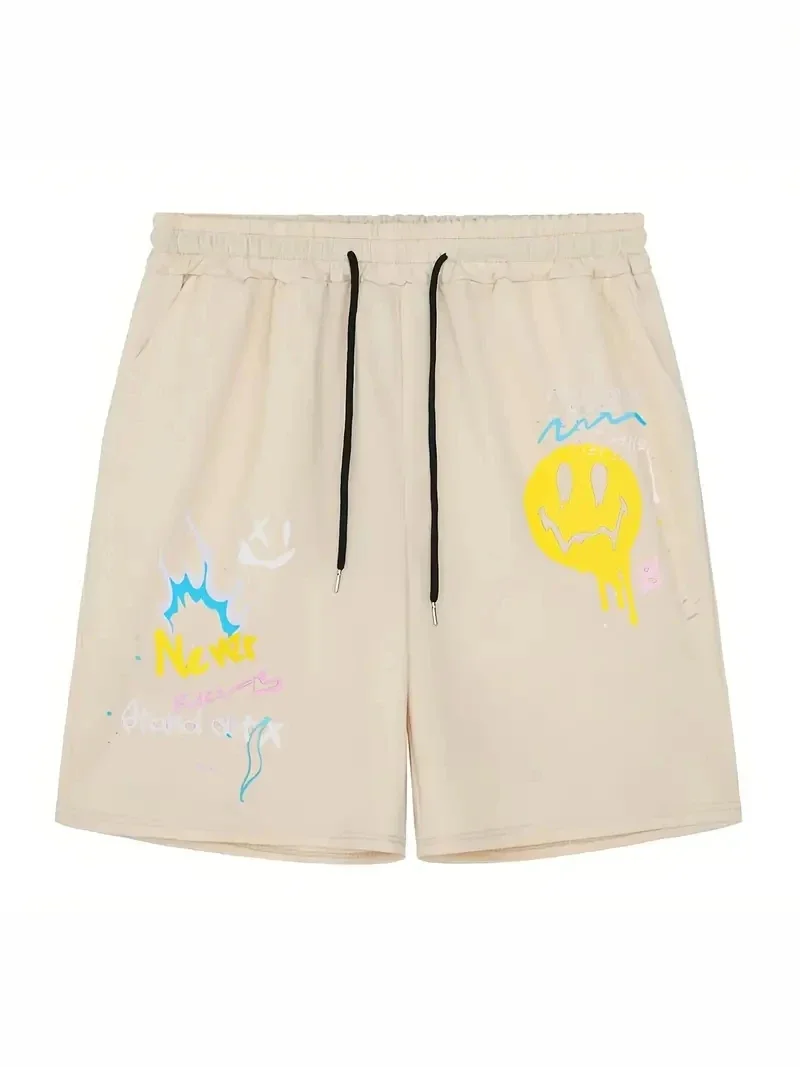2024 Men's Casual "Never Stand Out" Smile Face Print Pockets Drawstrings Pleated Shorts 2