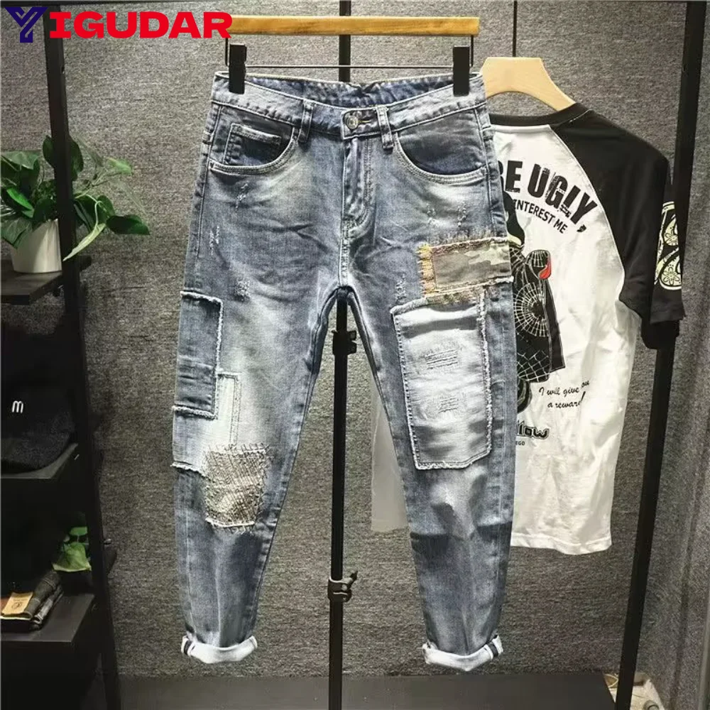 

Streetwear Fashion Men Jeans Retro Blue Stretch Slim Fit Spliced Ripped Jeans Men Patched Pocket Hip Hop Pants y2k trousers