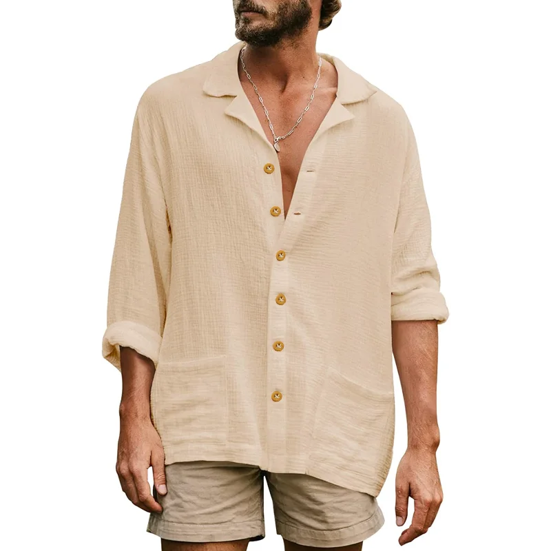 

Solid Color Pleated Long Sleeve Shirts For Men Autumn Casual Loose Vintage Shirt Blouse Oversized Men's Pocket Design Top 2023