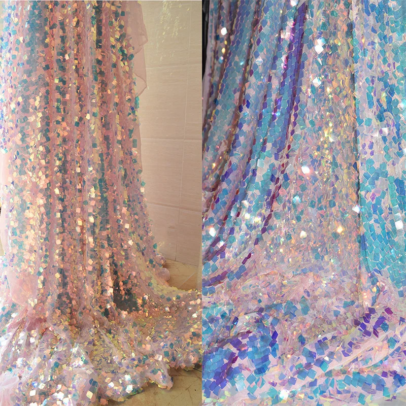 

2023Dreamy Square Sequins Tablecloth Party Backdrop Background Laser Shiny Shooting Decorative Cloth Pink Color Mermaid Scale