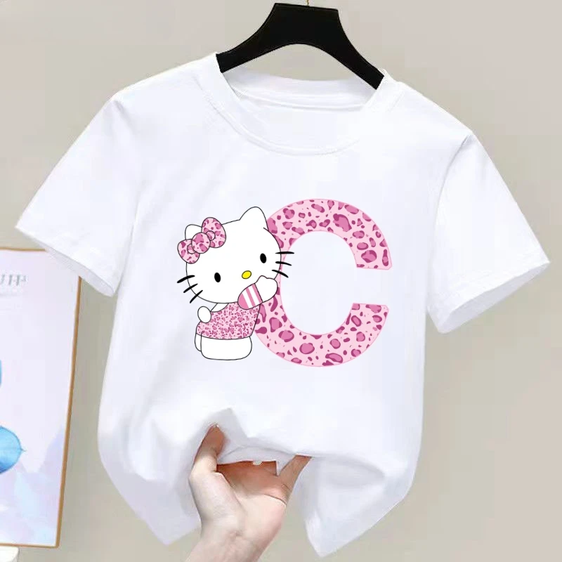 Hello Kitty Letter A-Z Children's Cotton Short-sleeved Top Sanrio Summer T-shirt Girly Heart Soft Clothes Kawaii Birthday Gift 3