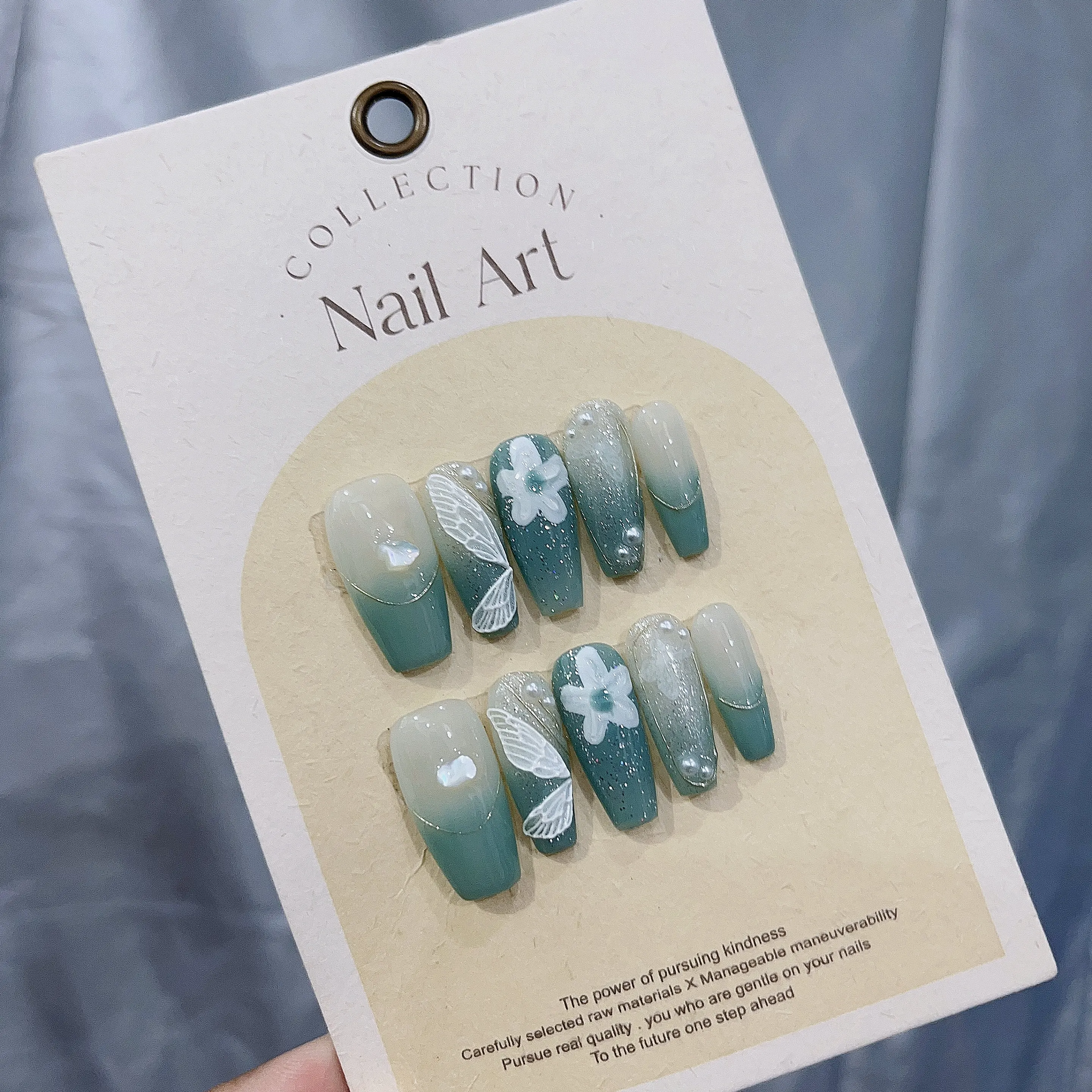 

Handmade Green Wing Coffin Gel Fairy Press On Nails-Magical And Pointy Tip, Whimsical Art In Emmabeauty Store No.EM1959