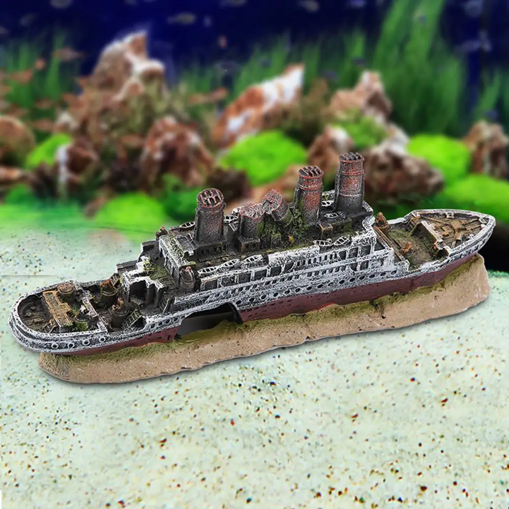 Resin Artificial Ornaments Titanic Lost Wrecked Boat Ship Aquarium Fish