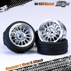 Kicarmod 1/64 Scale Model Car ABS Wheels with Rubber Tires and Metal Rims, 11mm Diameter - Refitting Parts (HW-C5 Electroplating)