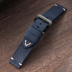 Vintage Dark Brown Handmade Cowhide Leather Watchband Strap - Soft Men's Bracelet - 22mm (Blue - Black)