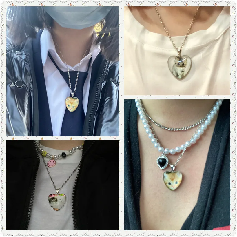 Four pictures of a woman wearing a Cat Heart Pendant Necklace For Women.