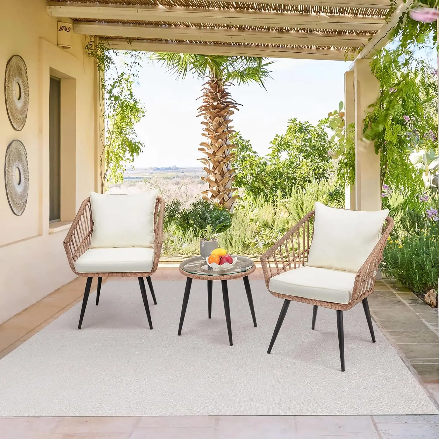 3 Piece Wicker Patio Bistro Set, Outdoor Rattan Dining Set with Glass Top Table, Chairs, and Cushions