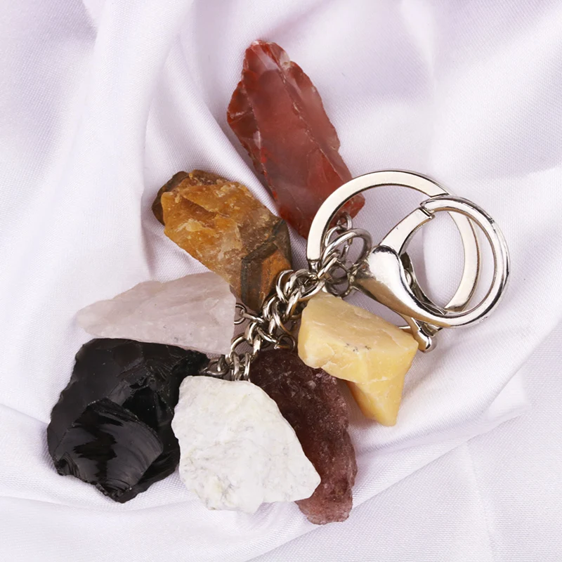 8pcs Natural Rough Raw Ore Seven Stone Key Rings Keychains Rose Quartz Amethyst Healing Crystal Car Decor Keyholder