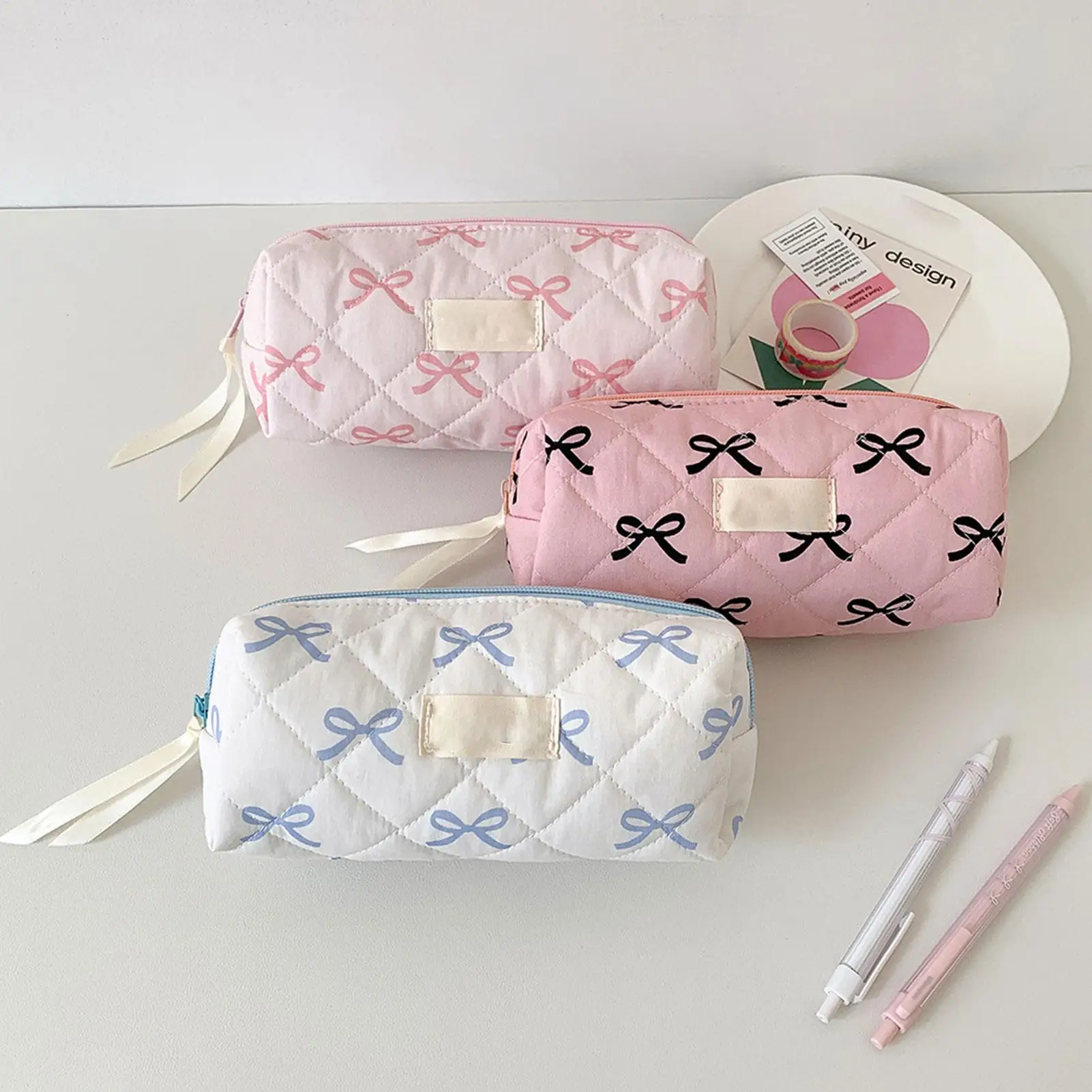 1pcs Fashion Simple Bow Women Travel Storage Bag Cute Design Girl Pencil Case Makeup Bag Retro Ladies Cosmetic Bag