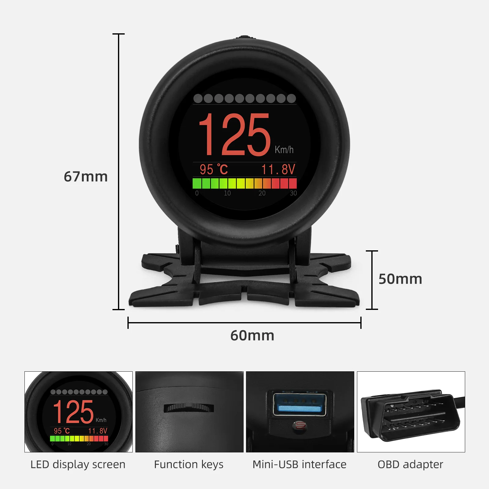 AD A205 HUD 자동차 스마트 디지털 다기능 알람 미터, 온도 게이지 디지털 전압 속도계 알람, 오류 코드 지우기