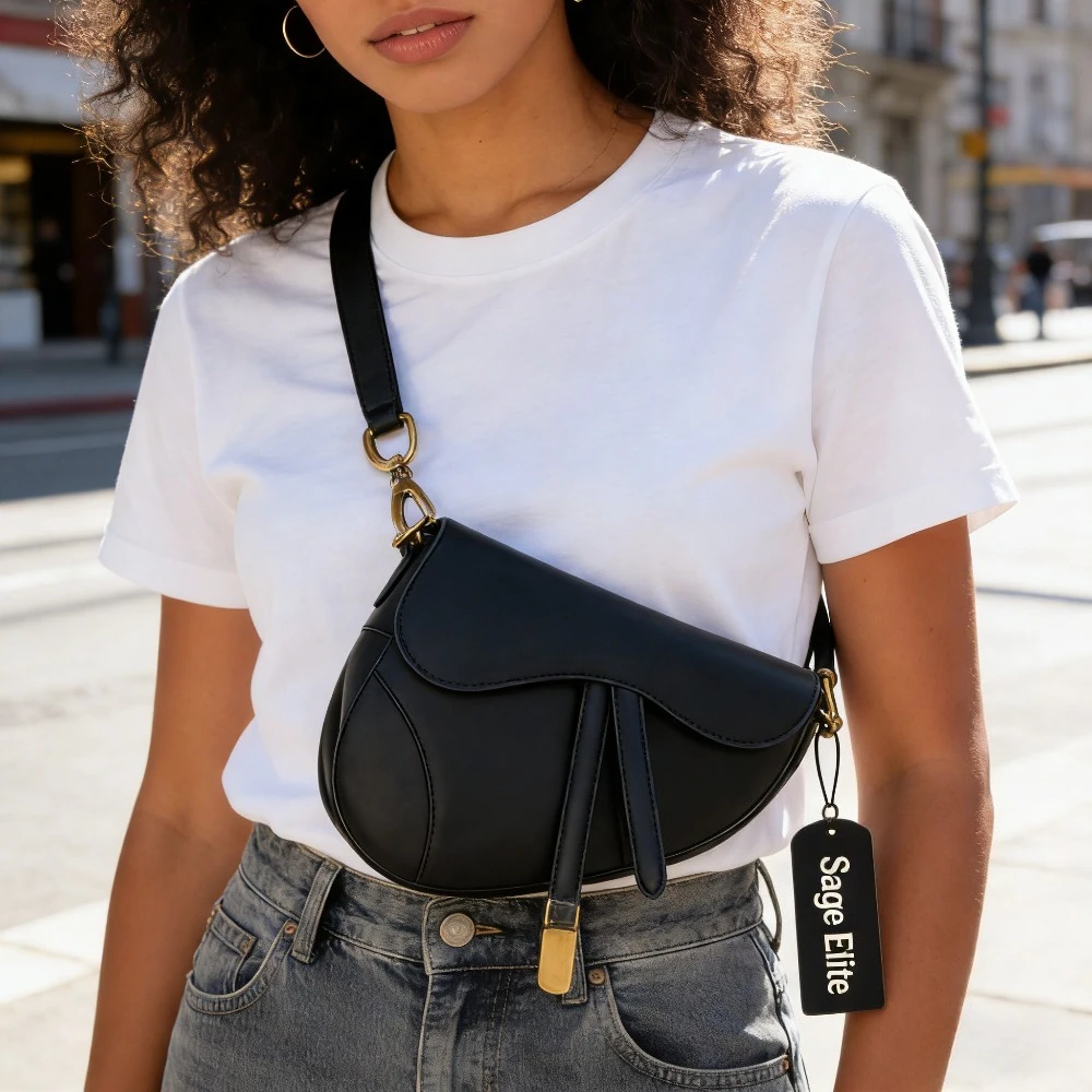 Sage Elite Women's Black Leather Crossbody Bag Fashion Saddle Bag Versatile Casual Shoulder Purse