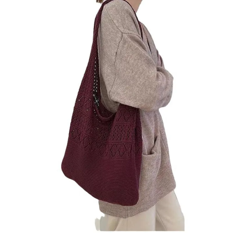 Bolsa grande minimalista de malha para mulheres, bolsa oca, portátil, monocromática, bolsa de ombro feminina, bolsas femininas, nova, 2024