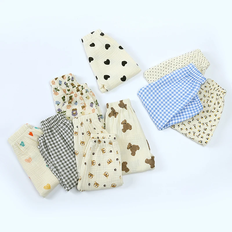 Children Summer Linen Pants Solid Print Bear Cartoon Breathable Teenage Outfits Clothes Korean Kids Boys Girls Trousers
