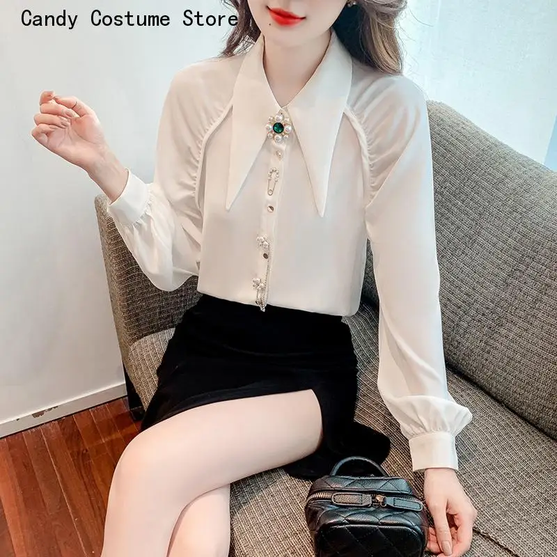 Spring Shirts Korean Chic women Retro Palace Style Blouses Pointed Collar Puff Sleeve Pearl Button Loose Blusas