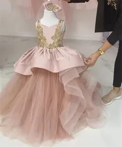 Pink Ball Gown Pageant Dress for Girls Birthday Party Kids Gold Lace Tulle Girls Dresses Size 1-16Years
