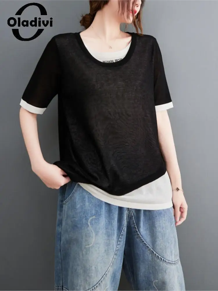 

Oladivi Large Size Women Clothing Short Sleeve Faux Two Pieces Knitted T-Shirts 2022 Summer New Casual Loose Top Tee Shirts 2828