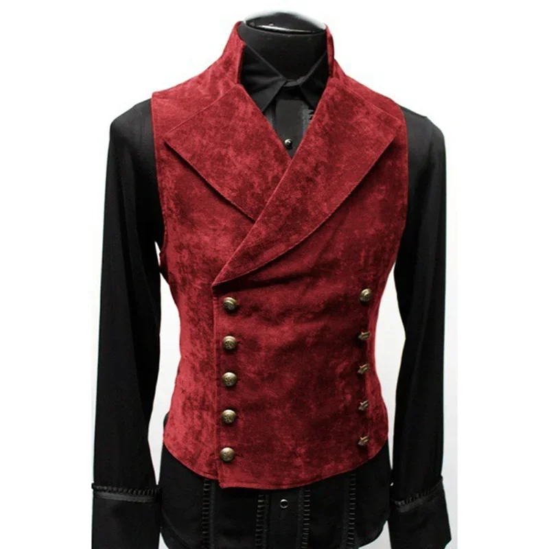 Men's Gothic Steampunk Velvet Vest Black Brown Double Breasted Stand Collar Victorian Waistcoat Stage Prom Fashion Male Clothing