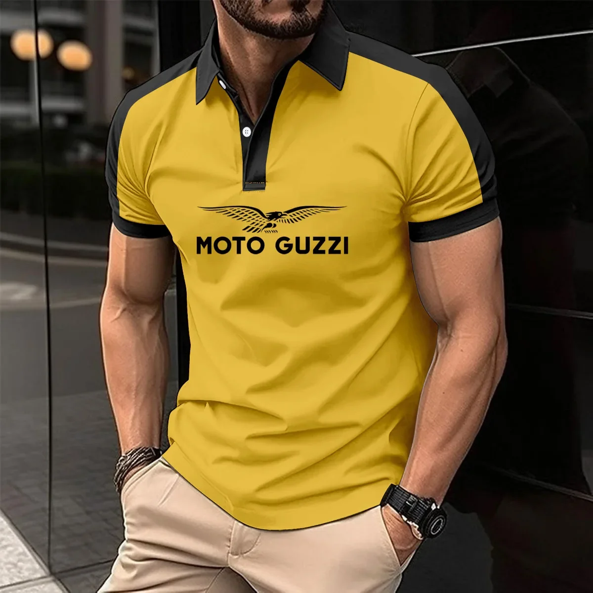 Description Picture 5 of itemFashion POLO shirt new sales comfortable cotton Polo short sleeve moto guzzi print Color matching Harajuku business men's shirt