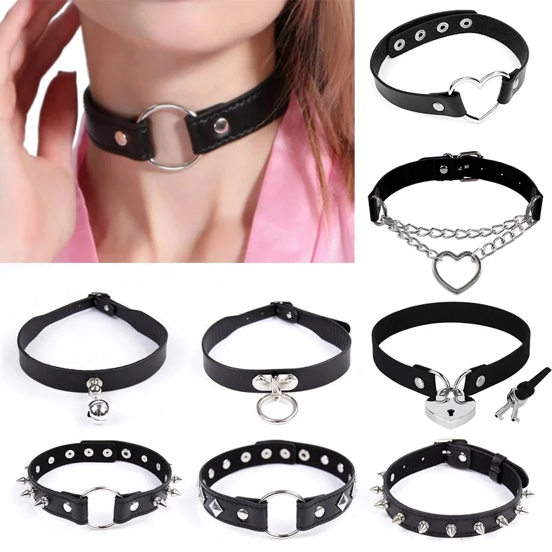 Punk Rock Gothic PU Leather Necklace Heart Round Spike Rivet Collar Studded Choker Chain Necklace Handmade Body Jewelry Gift