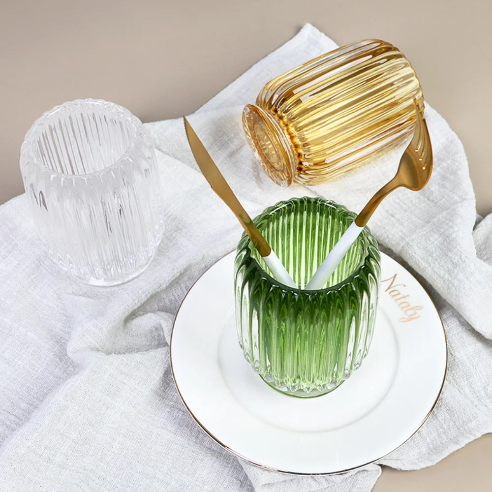 

Vertical Stripe Glass Pen Holder Green& Amber Creative Vase Storage Box Tabletop Storage Ins Desktop Stationery Organizer