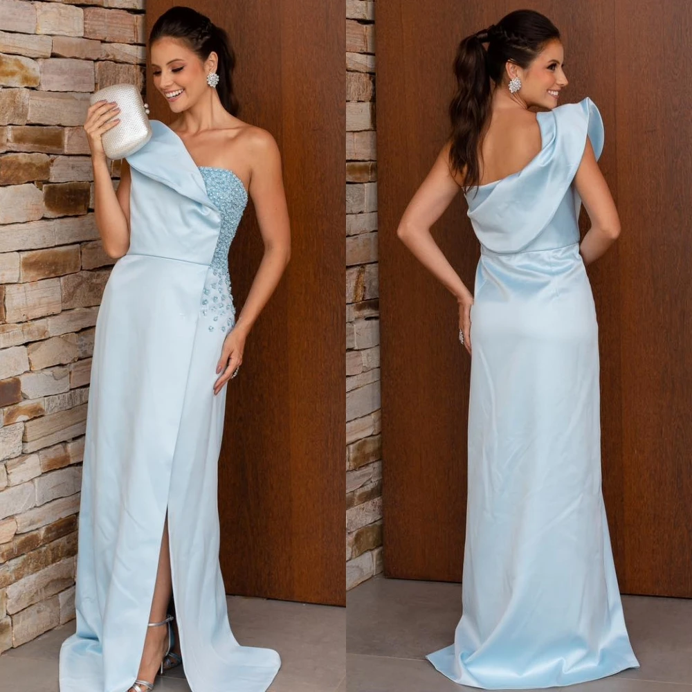 Jersey Beading Pleat Quinceanera Straight One-shoulder Bespoke Occasion Gown Midi Dresses