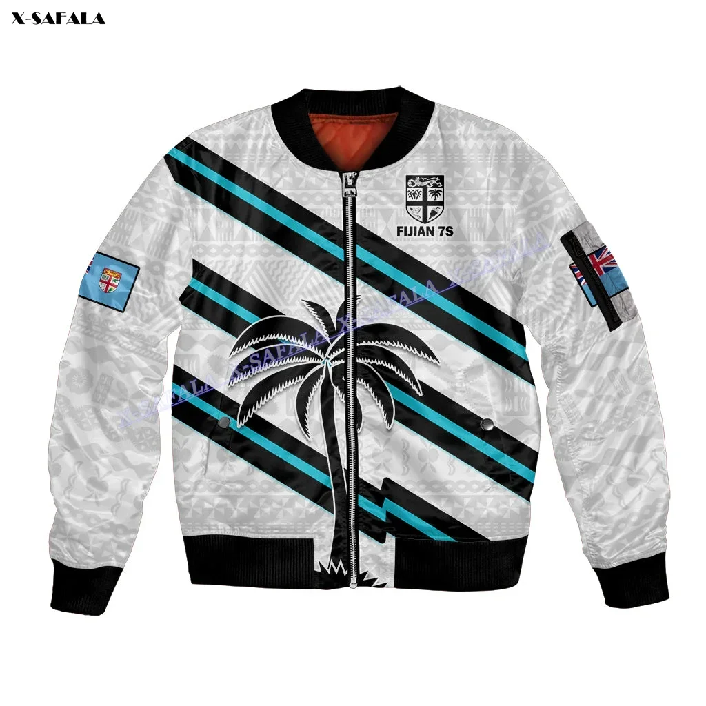 

White FIJI Rugby Go Fijian 7S 3D Printed Men Thick Flight Bomber Jacket Zipper Coat Jumper Loose Streetwear Pullover