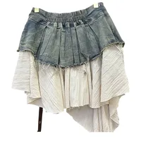 Retro Spliced Denim Pleated Skirt for Women Summer New Temperament Hot Girl Fashionable High Waist A-line Skirt - Image 4
