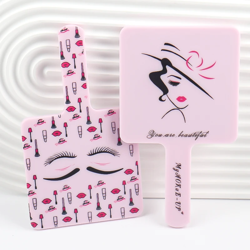 핑크 속눈썹 연장용 휴대용 메이크업 거울 사각형 화장 거울 플라스틱 손잡이 고화질 거울 뷰티 도구