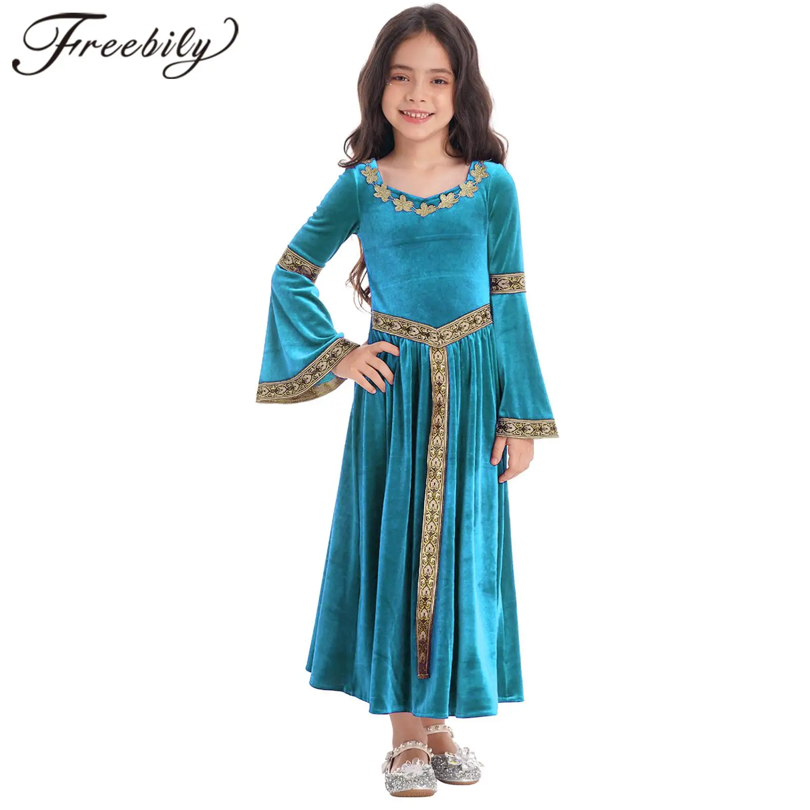 Kids Girls Medieval Princess Queen Velvet Dresses Performance Dancewear for Christmas Halloween Carnival Party Dress Up Costume