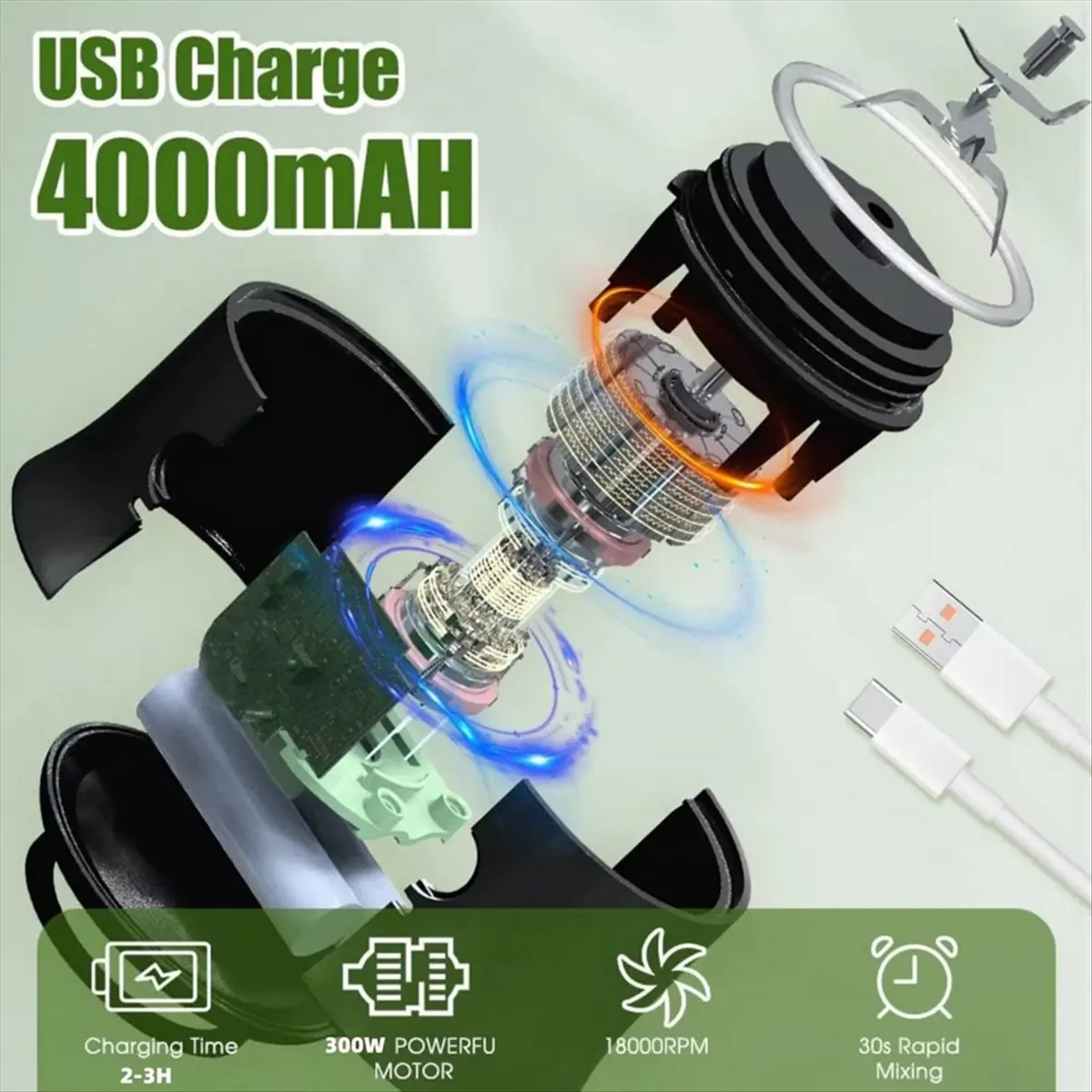 (AIMA) 새로운 휴대용 주서기 다기능 고출력 주서기 강력한 모터 빠른 분쇄 4000mAh 배터리 실내외 주스컵 B