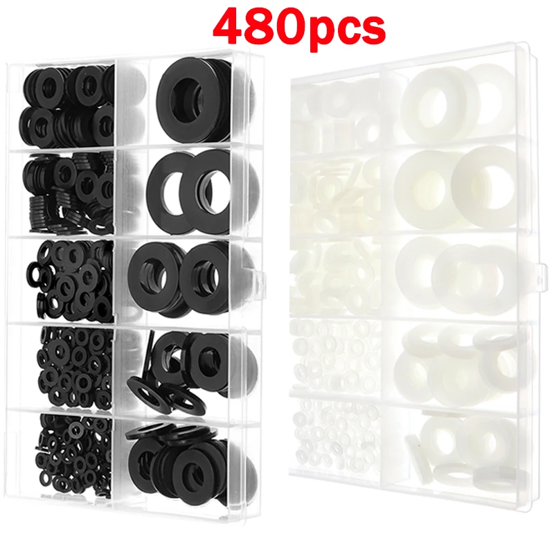 

480pcs M2.5 M3 M4 M5 M6 M8 M10 M12 White Black Plastic Nylon Washer Flat Spacer Washer Seals Gasket O Ring Assortment Kit