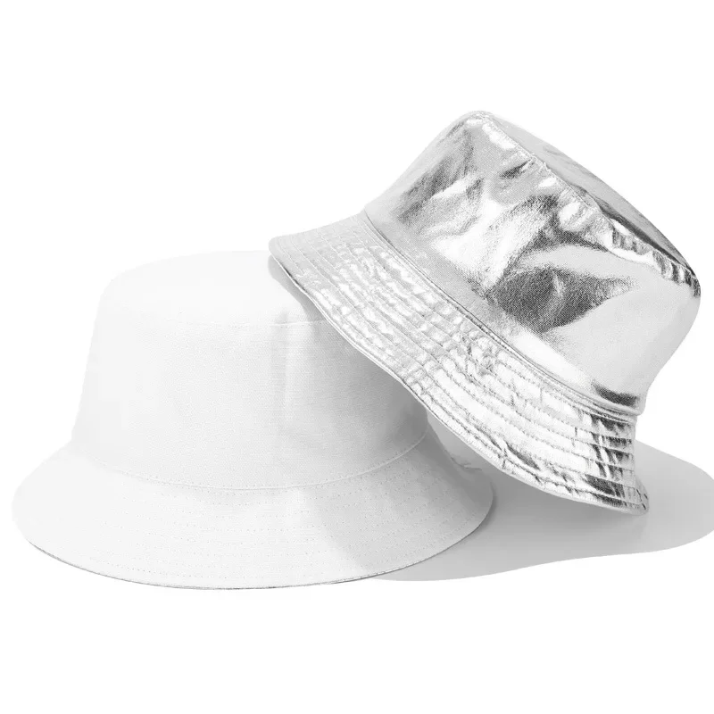 New Two-sided Golden Silver Foldable Bucket Hat Beach Sun Hat Street Headwear Fisherman Outdoor Cap Men and Woman Hip Hop Caps