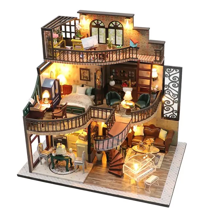 

Free Shipping Toys & Hobbies Handmade DIY Wooden Doll House " Dream Building Pavilion" with Resin Miniatures and Led lights Gift