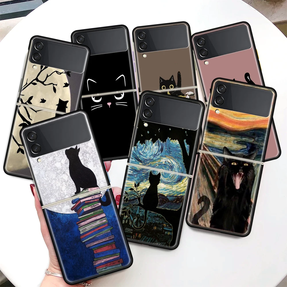 Black Cat Cartoon Cute Coque Phone Case Per Samsung Galaxy Z Flip 4 3 5G Black Hard Cover Zflip 3 4 Luxury Antiurto Bumper Fun