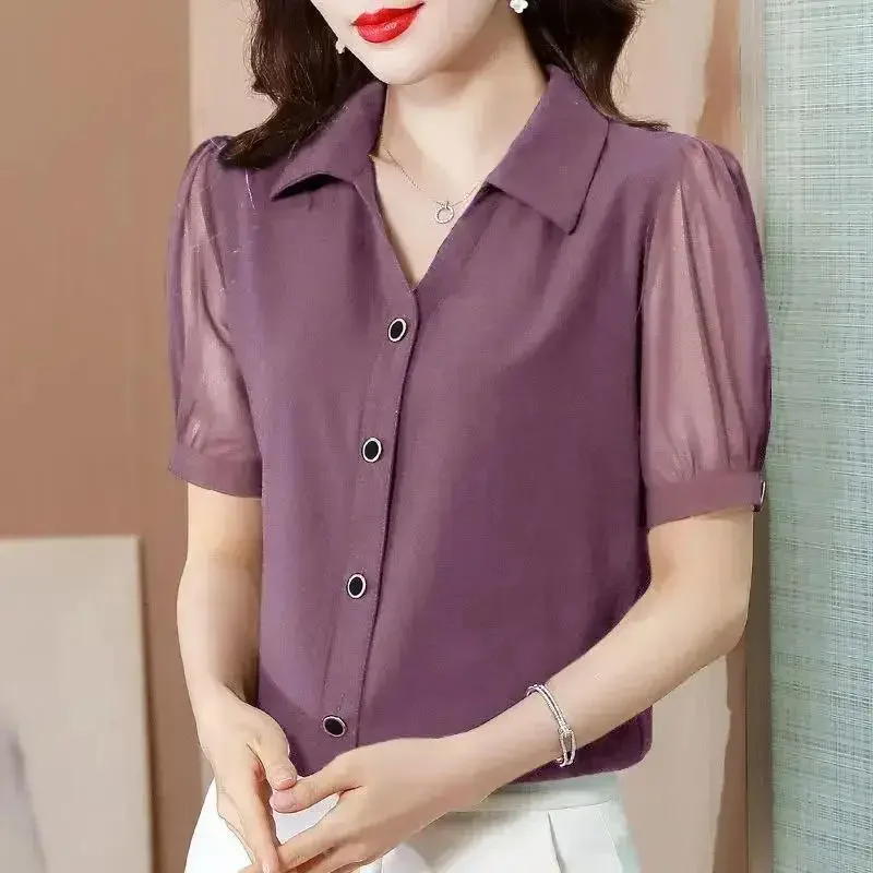 

Summer POLO Collar Women's Clothing Solid Color Single Breasted Net Yarn Patchwork Tops Women Elegant Fashion Chiffon Shirt B74