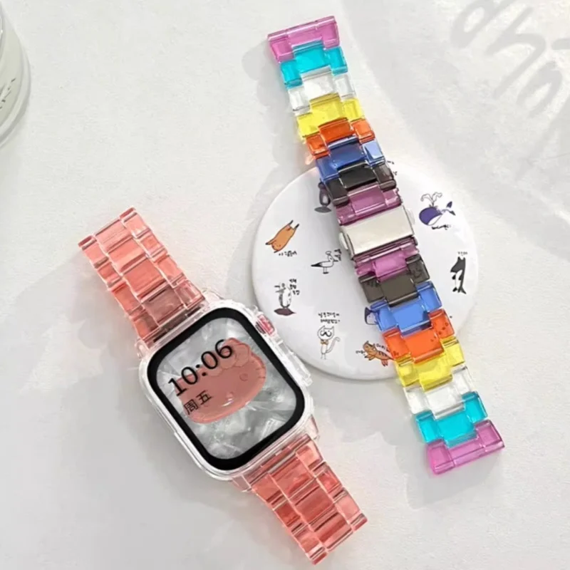 Rainbow Clear Resin Smartwatch Band with Transparent Case Bracelet Accessory