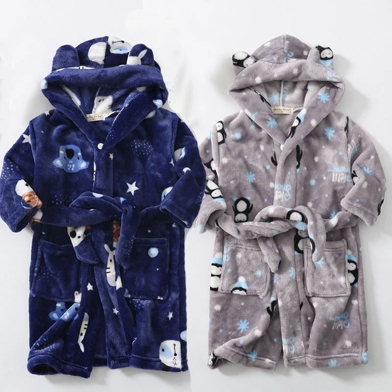 Kids Pajamas Set Kids Cartoon Cow Robes New Winter Baby Girl Bathrobe Sleepwear Flannel Hooded Pajamas Boys Homewear