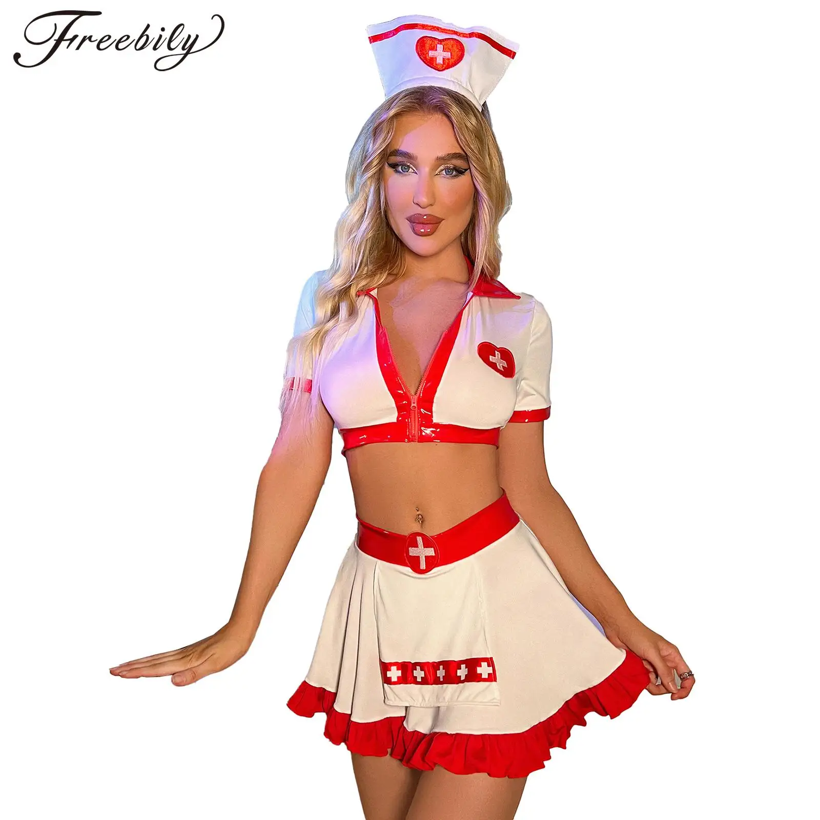 

Womens Halloween Sexy Nurse Cosplay Costume Short Sleeve Crop Top with Mini Skirt Headwear Theme Party Roleplay Outfit Nightwear