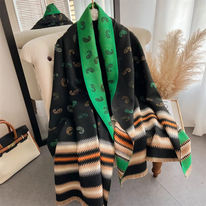 

Thick Warm Cashmere Shawl Wraps for Women Winter Scarf Classic Paisley Striped Pashmina Stoles Blanket Bufanda Echarpe 2022