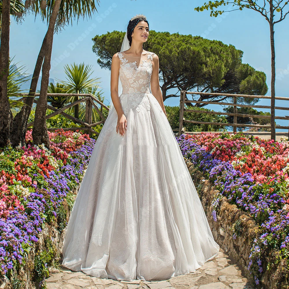 Ivory Women A-line Bridal Gowns Elegant Sleeveless Lace Applique Wedding Dresses Formal Party Exquisite Design Vestidos De Novia 4