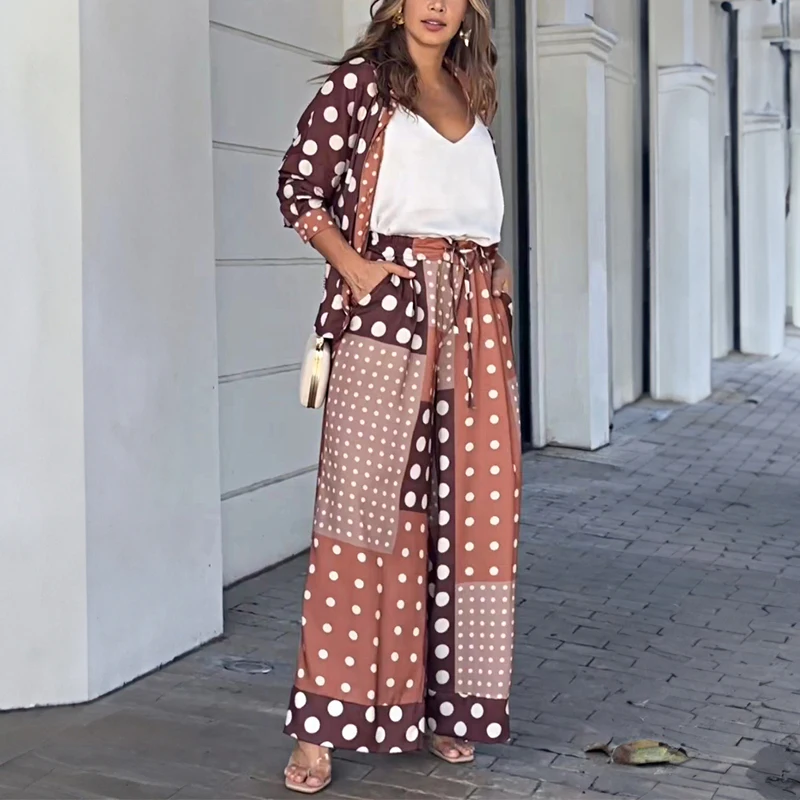 

Elegant Casual Long Sleeve Loose Outfits Female Lapel Polka Dot Print Shirt Suit Fashion Lace-up Wide Leg Pants Commute 2pc Set