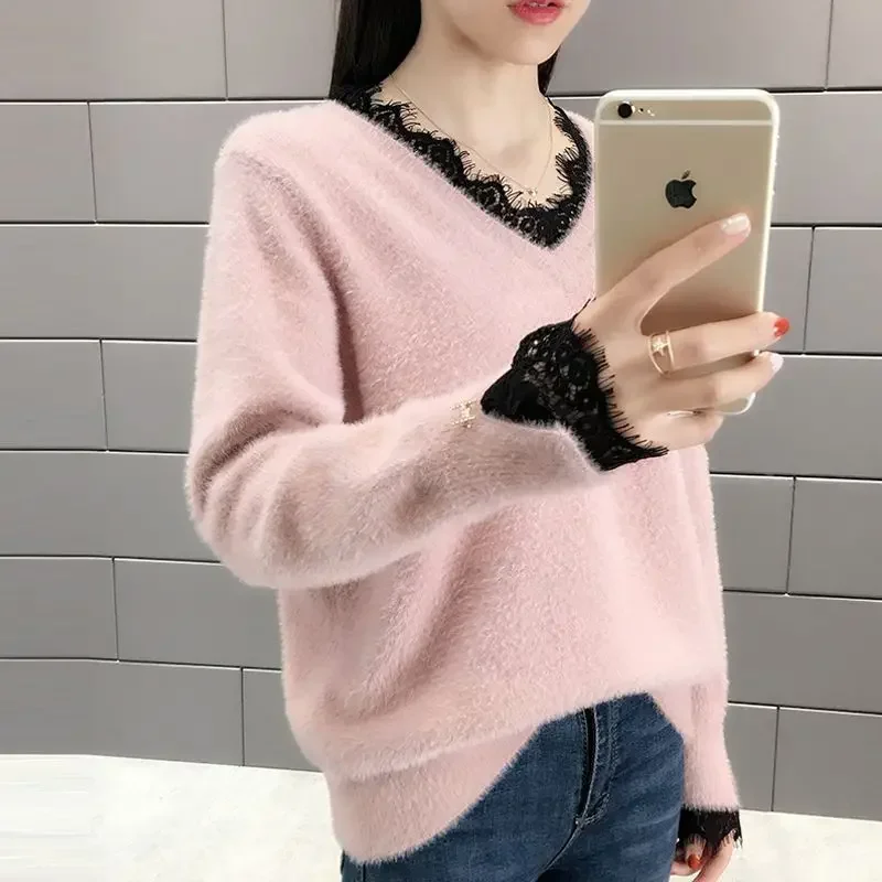 

V-neck Pink Women's Sweater Yellow Knit Tops for Woman Lace Pullovers Y2k Vintage Harajuku Fashion Tall Jersey Tricot Blouse 90s